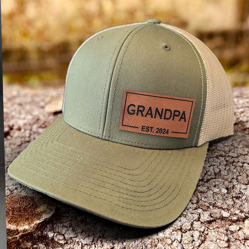 Custom Grandpa Leather Patch Cap With EST Year For Dad Grandpa Father's Day Birthday Gift