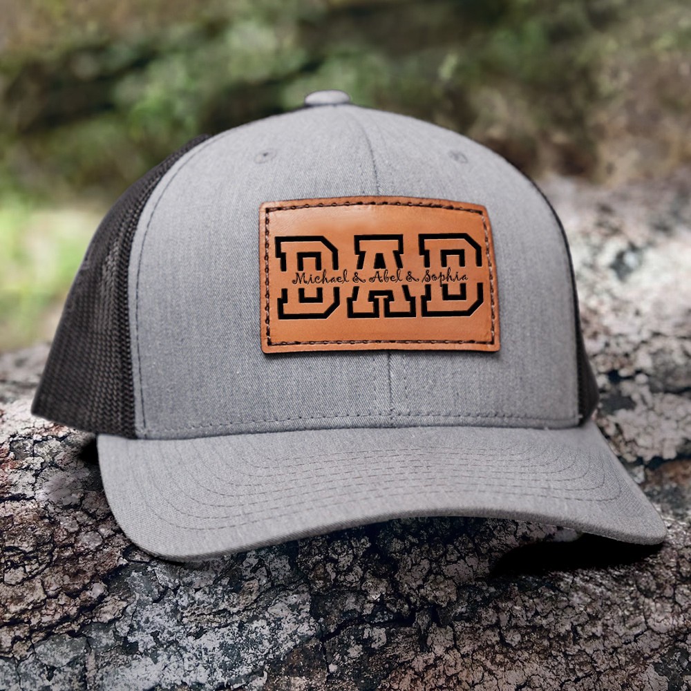 Custom DAD Leather Patch Cap With Kids Name For Father's Day Birthday Gift