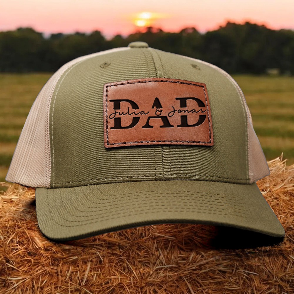Custom DAD Leather Patch Cap With Kids Name For Father's Day Birthday Gift
