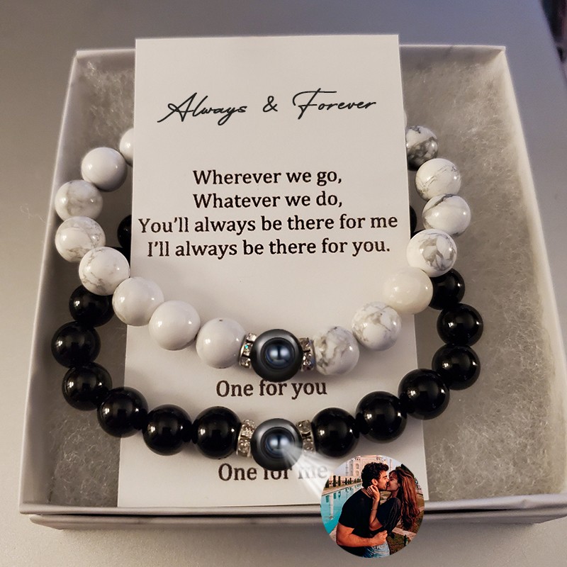 Personalised 2 Pcs Magnetic Long Distance Bracelets With Photo Projection For Her Him Anniversary Gift