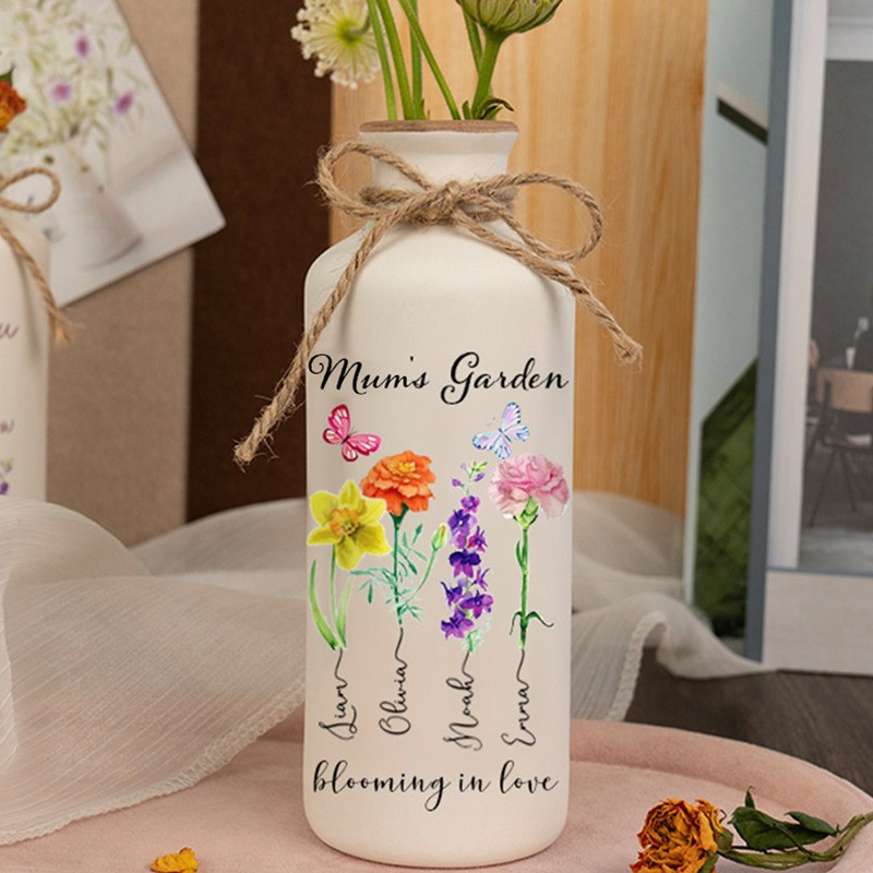 Custom Mum's Garden Birth Month Flower Vase with Kids Name For Mother's Day Gift