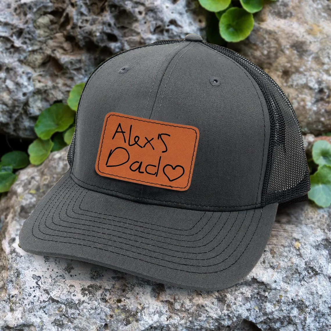 Personalised Child’s Handwritten Leather Patch Dad Hat For Dad Grandpa Papa Father's Day Birthday Gift