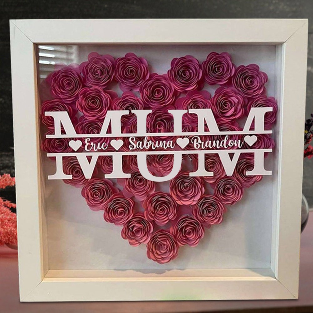 Custom Mum Flower Shadow Box with Kids Names For Mother's Day Gift