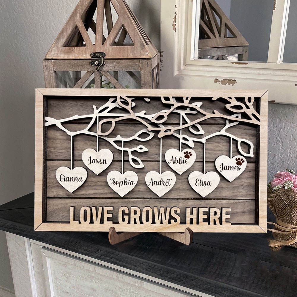 Personalised Family Tree Wood Frame Sign with Kids Name For Christmas Family Gift