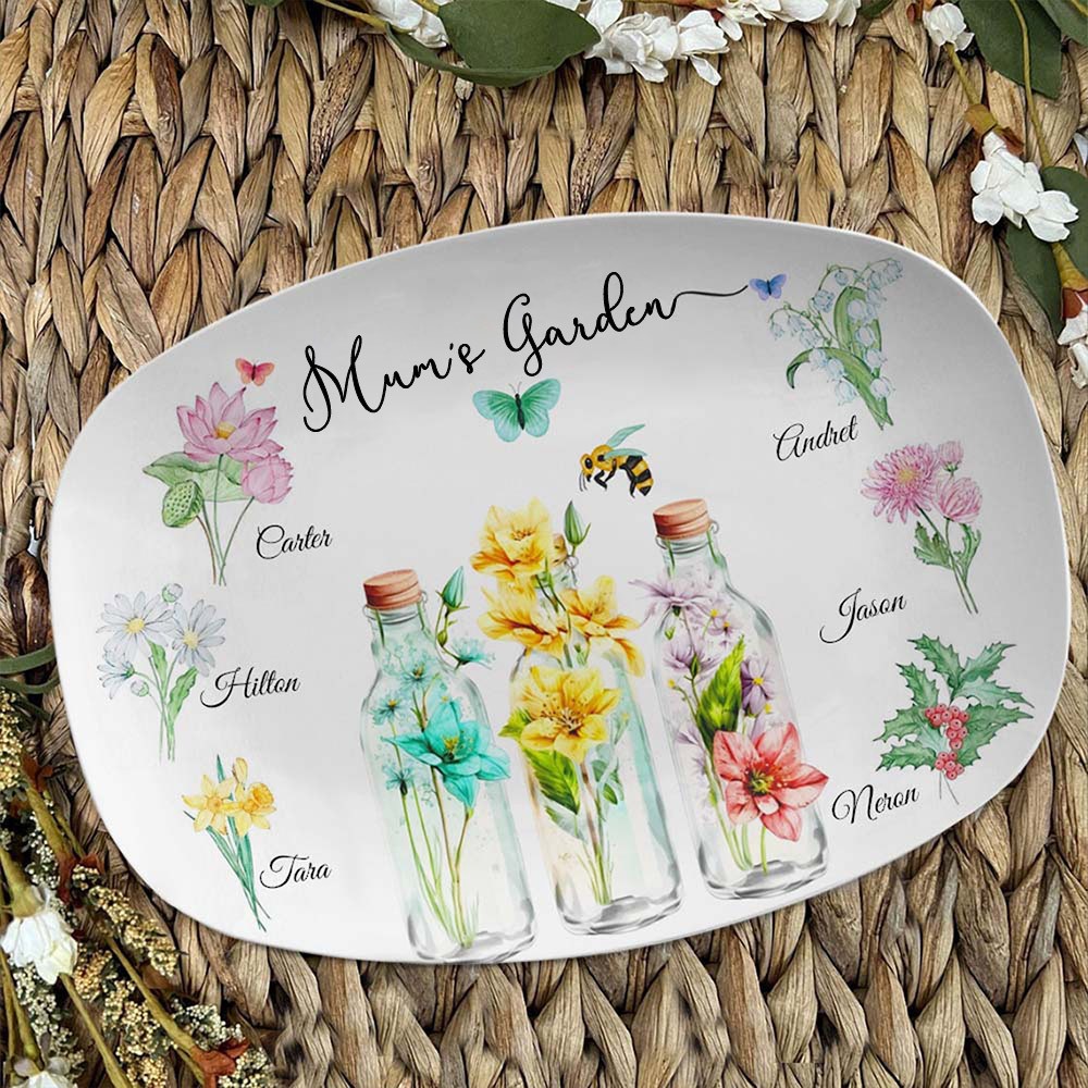 Personalised Mum's Garden Birth Flower Platter with Children Name For Mum Grandma Family Gift Ideas