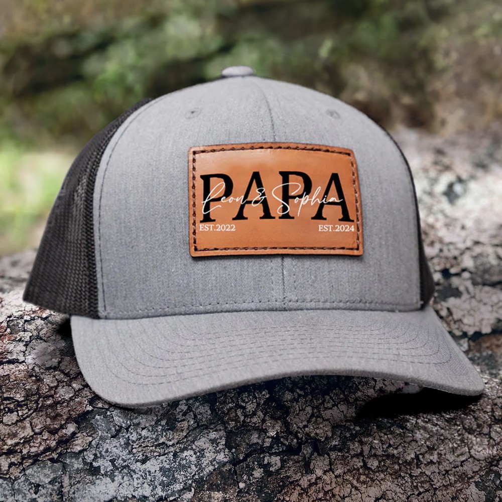 Custom PAPA Leather Patch Cap With Kids Name For Dad Grandpa Father's Day Birthday Gift