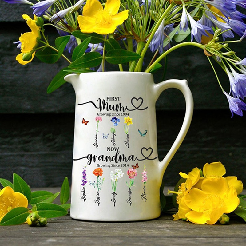 First Mum Now Grandma Personalised Birth Flower Vase With Kids Name For Mother's Day Gift Ideas