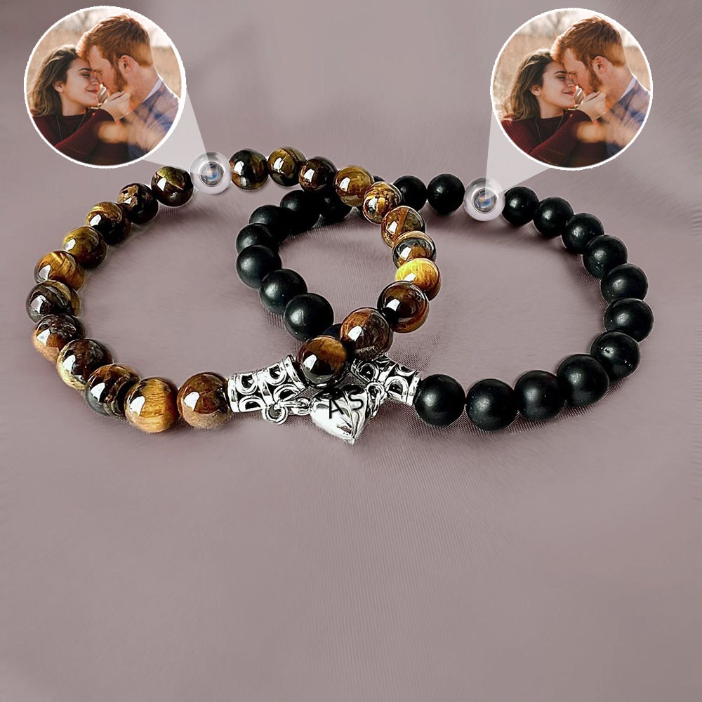 Personalised Set Beaded Letters Magnetic Bracelets With Custom Image Inside For Couple Wedding Gifts