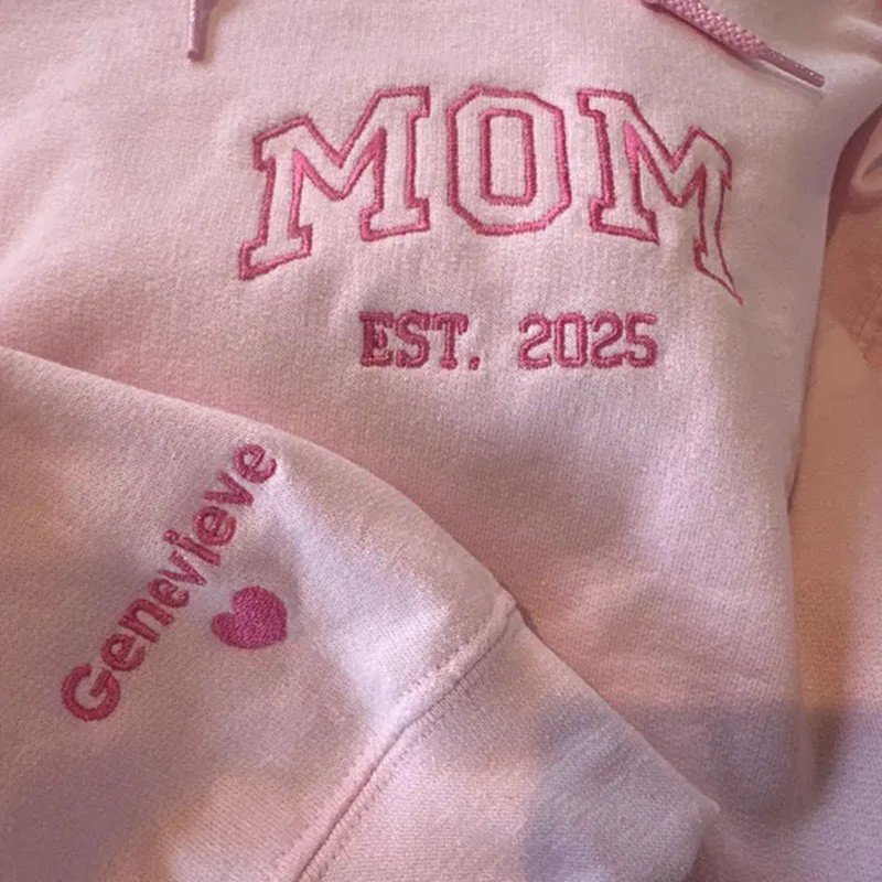 Custom Embroidered Mum Hoodie with Kids Names on Sleeve For Christmas Gift