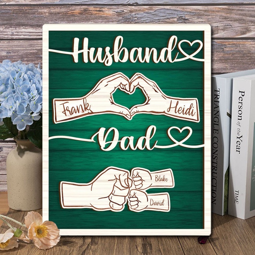 Personalised Fist Bump Dad Husband Wood Sign With Kids Name For Father's Day Gift
