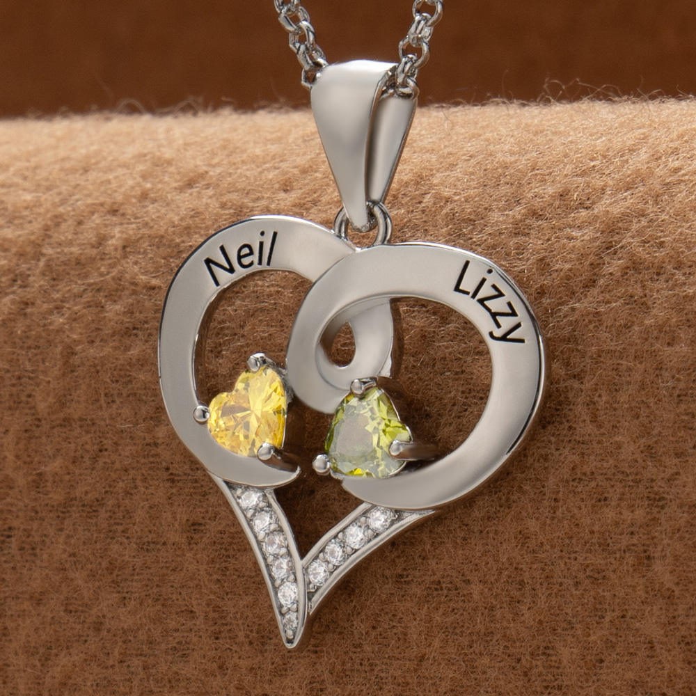Custom Couple Names Heart Necklace With Birthstones Valentine's Day Gifts