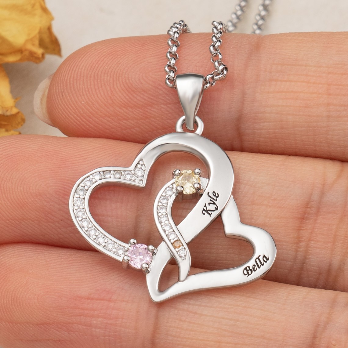 Personalised Lovers Birthstone Matching Heart Necklace With Names For Birthday Anniversary Valentine's Day