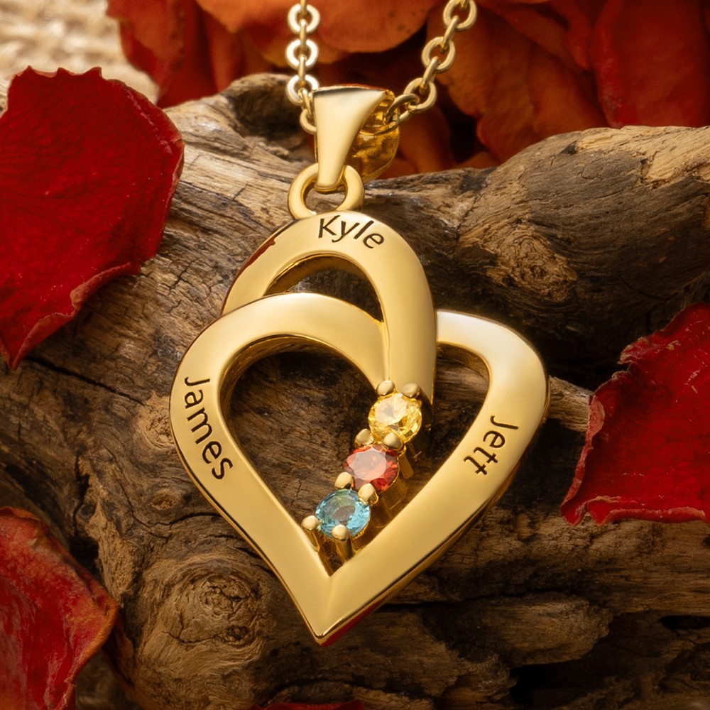 Personalised Heart Necklace with Names and Birthstones For Wife Mum Gift Ideas