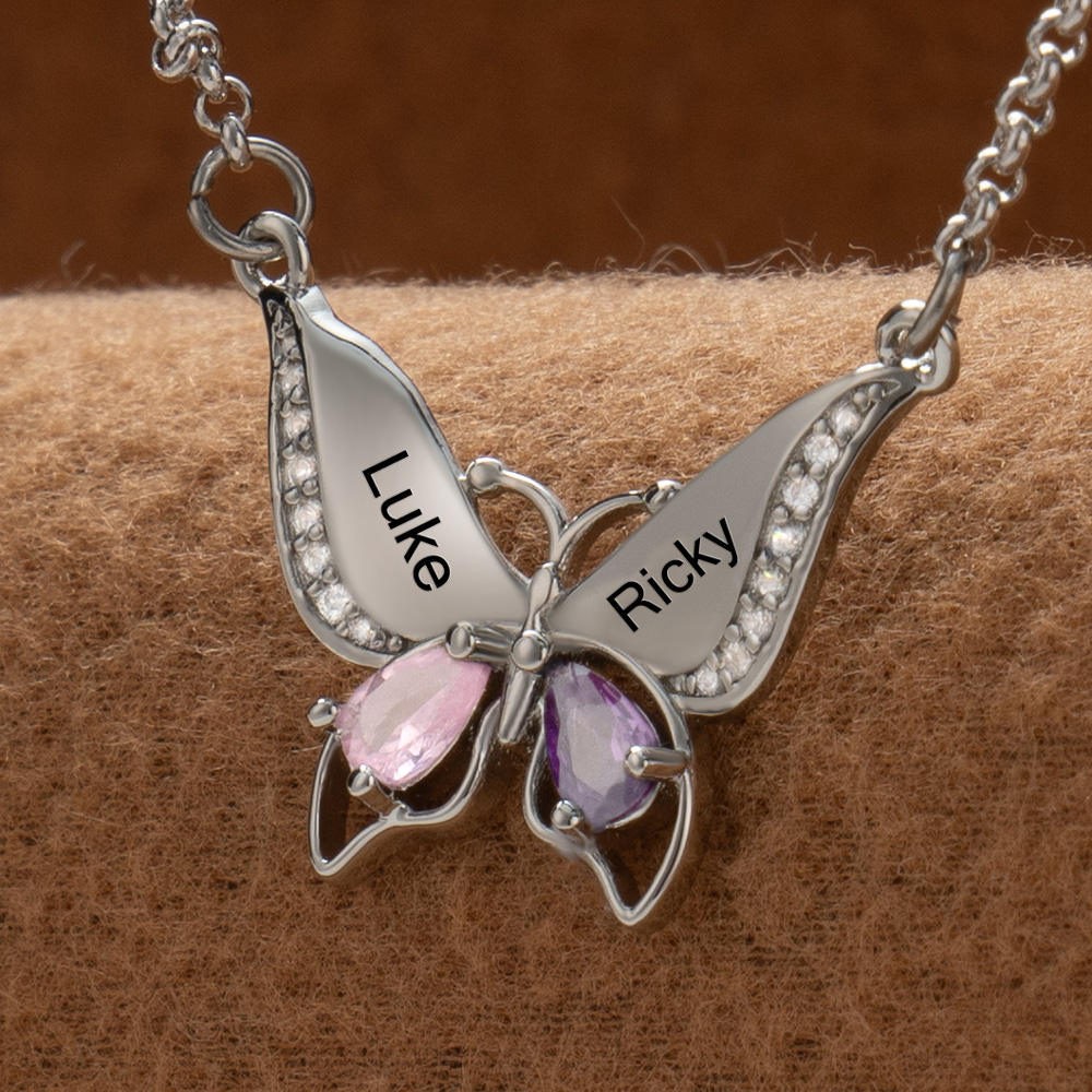Custom Butterfly Names Heart Necklace With Birthstones Valentine's Day Gifts