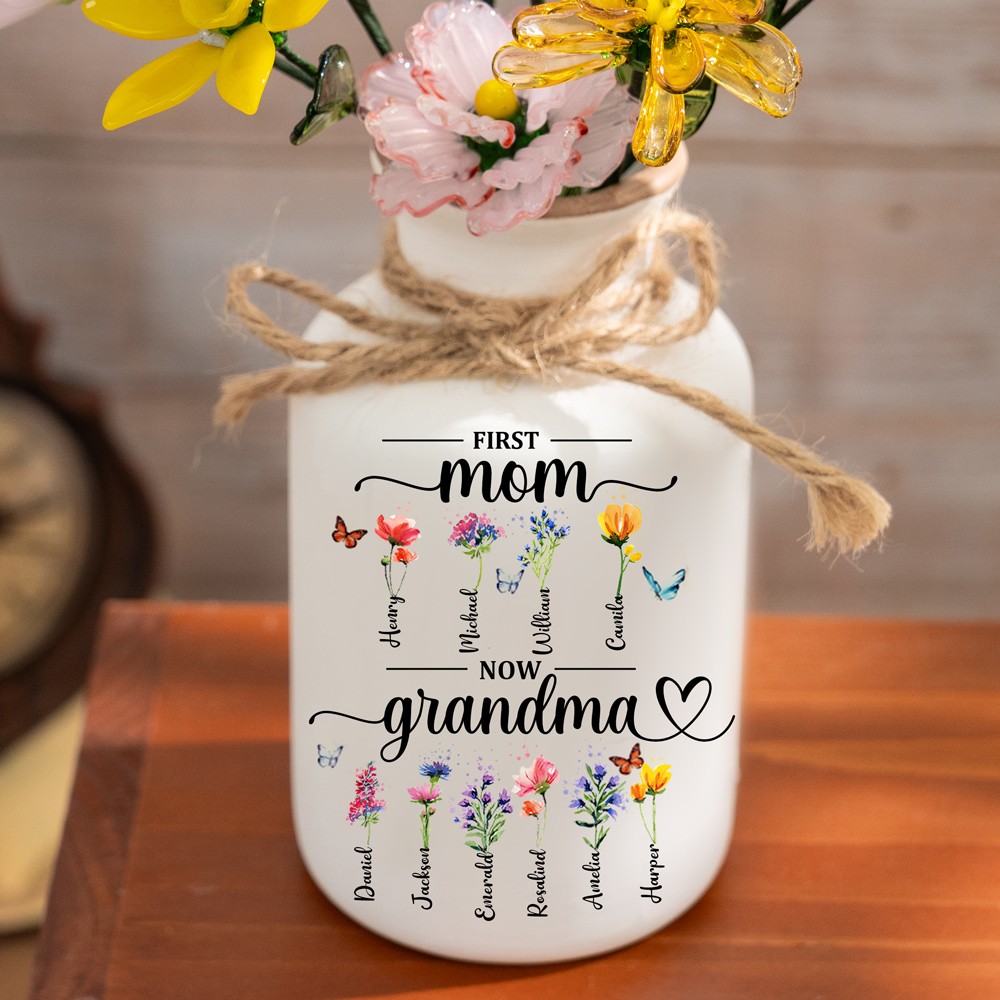 First Mum Now Grandma Custom Birth Month Flower Vase With Kids Name For Mother's Day Gift