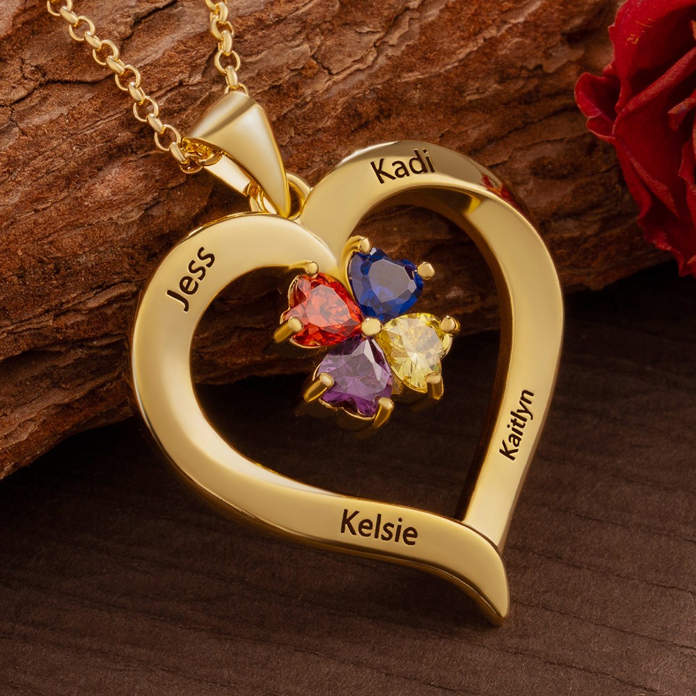Personalised Heart Necklaces With Names and Birthstones For Mother's Day Gift