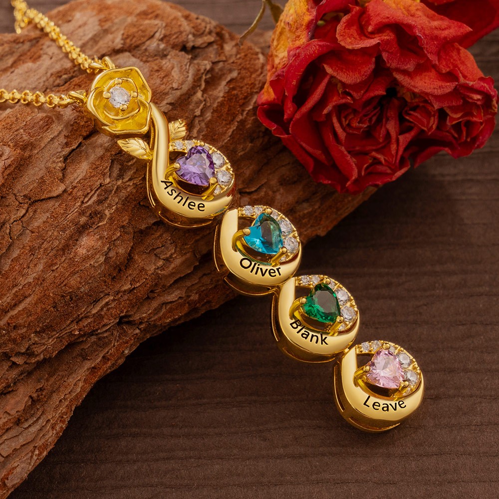 Personalised Name Engraved and Birthstone Necklaces For Mother's Day Gift