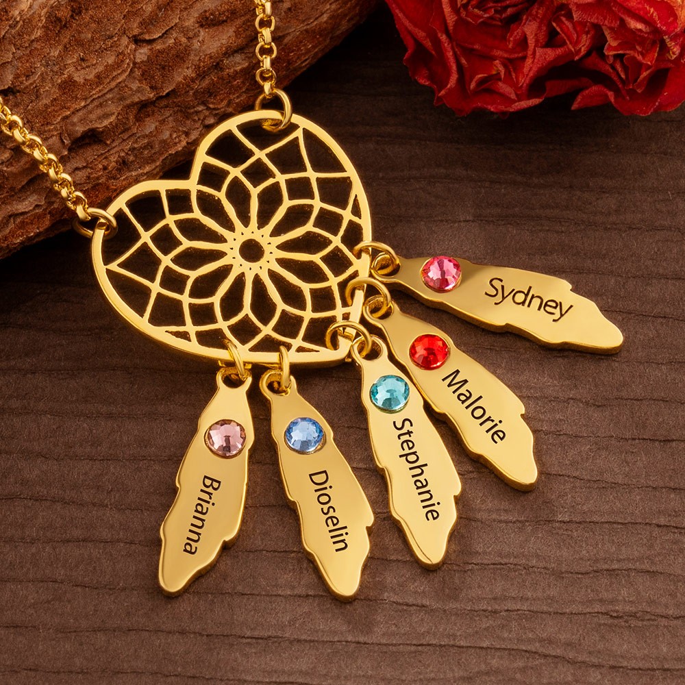 Personalised Heart Dream Net Necklace with Names and Birthstones For Mum Mother's Day