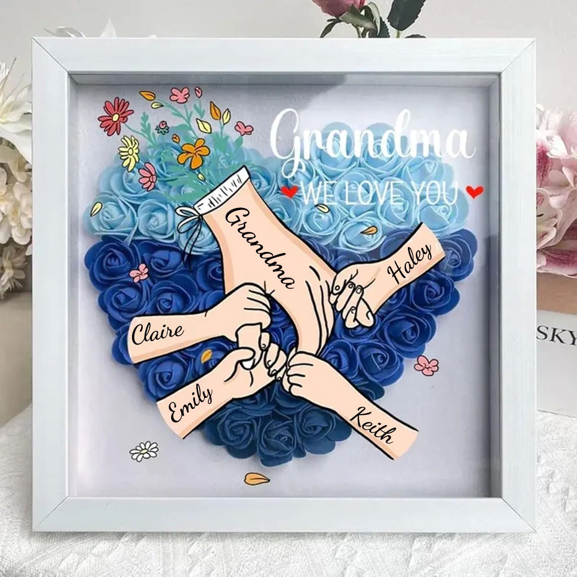 Custom Holding Hands Flower Shadow Box with Kids Name For Mum or Grandma Mother's Day Gift