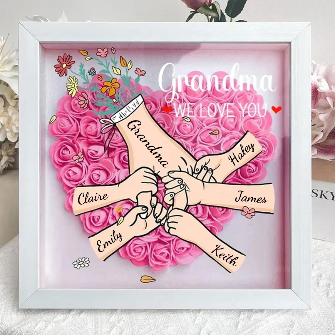 Custom Holding Hands Flower Shadow Box with Kids Name For Mum or Grandma Mother's Day Gift