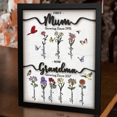 First Mum Now Grandma Wooden Sign Personalised Birth Month Flowers Gift From Kids For Mum Grandma Birthday Mother's Day