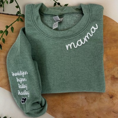 Custom Embroidered Mama Sweatshirt with Kids Names on Sleeve For Mum Grandma Christmas Gift