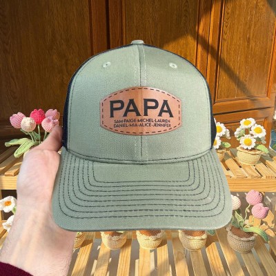 Custom Papa Leather Patch Hat With Kids Name For Papa Dad Father's Day Gift