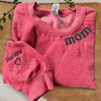 Custom Embroidered MOM Sweatshirt with Kids Names on Sleeve For Christmas Gift