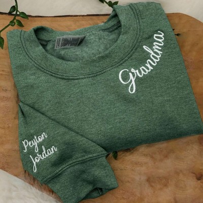 Custom Embroidered Grandma Sweatshirt with Grandchildren Names on Sleeve For Christmas Gift