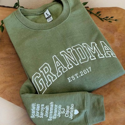 Custom Embroidered Grandma Sweatshirt with Grandchildren Names on Sleeve For Christmas Gift