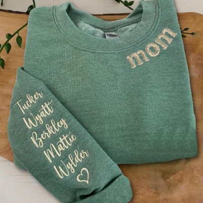 Custom Embroidered MOM Sweatshirt with Kids Names on Sleeve For Christmas Gift