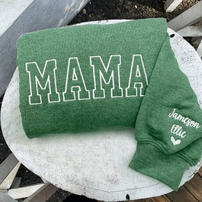 Custom Embroidered MAMA Sweatshirt with Kids Names on Sleeve For Christmas Gift