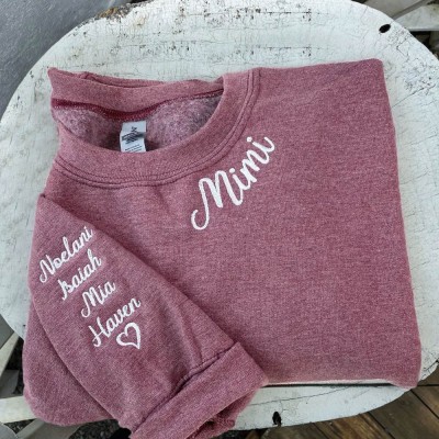 Custom Embroidered MIMI Sweatshirt with Kids Names on Sleeve For Mum Grandma Christmas Gift