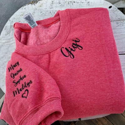 Custom Embroidered GIGI Sweatshirt with Kids Names on Sleeve For Mum Grandma Christmas Gift