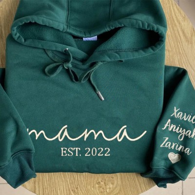 Custom Embroidered MAMA Hoodie with Kids Names on Sleeve For Christmas Gift
