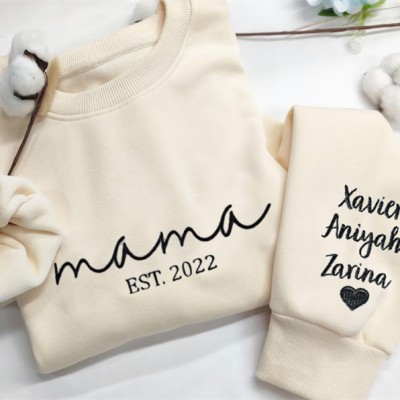 Custom Embroidered MAMA Sweatshirt with Kids Names on Sleeve For Christmas Gift