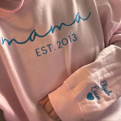Custom Embroidered MAMA Sweatshirt Hoodie with Kids Names on Sleeve For Christmas Gift