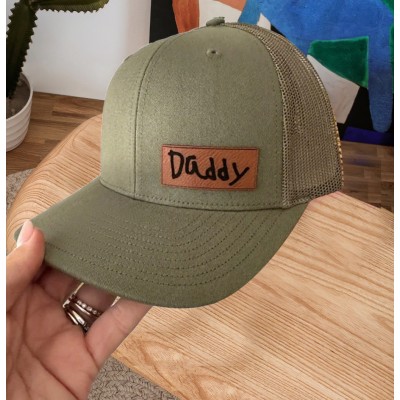 Personalised Child’s Handwritten Leather Patch Dad Trucker Hat For Fathers Day Gift