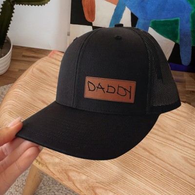Personalised Child’s Handwritten Leather Patch Dad Trucker Hat For Fathers Day Gift