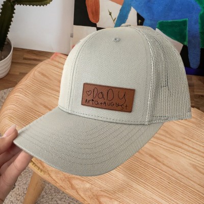 Personalised Child’s Handwritten Leather Patch Dad Trucker Hat For Fathers Day Gift
