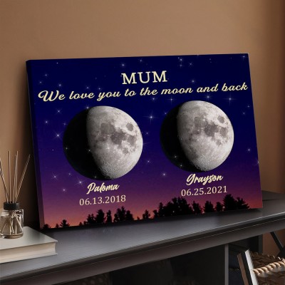 Custom Universe Moon Phase Print Frame With Kids Dates For Mother's Gift Ideas