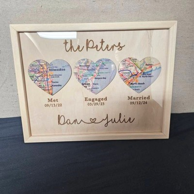 Personalised Met Engaged Married Map Wooden Frame Love Story Decor Keepsake Unique Gift For Couple Valentine's Day