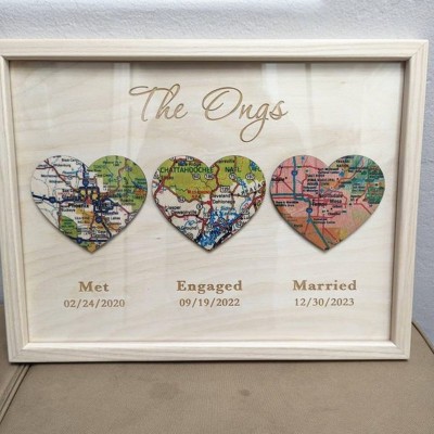 Personalised Met Engaged Married Map Wooden Frame Love Story Decor Keepsake Unique Gift For Couple Valentine's Day