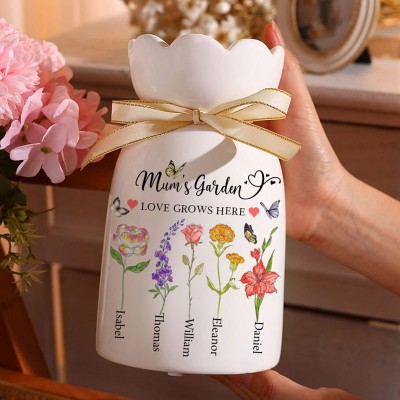 Mum's Garden Custom Birth Month Flower Vase With Kids Name For Mum Grandma Mother's Day Gift