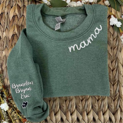 Custom Embroidered Mama Sweatshirt with Kids Names on Sleeve For Christmas Gift