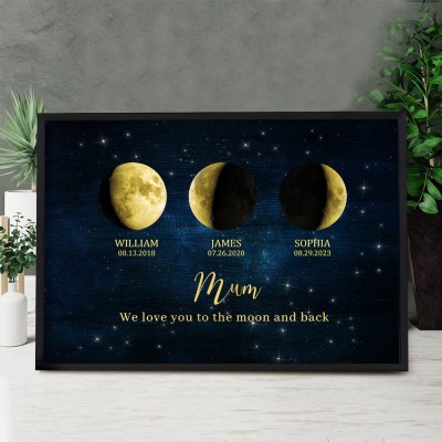 Custom Mum's Galaxy Moon Phase Print Frame With Kids Names and Dates For Mother's Day Gifts