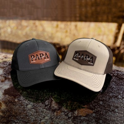 Custom PAPA Leather Patch Cap With Kids Name For Dad Grandpa Father's Day Birthday Gift