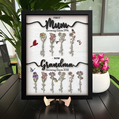 First Mum Now Grandma Wooden Sign Personalised Birth Month Flowers Gift From Kids For Mum Grandma Birthday Mother's Day