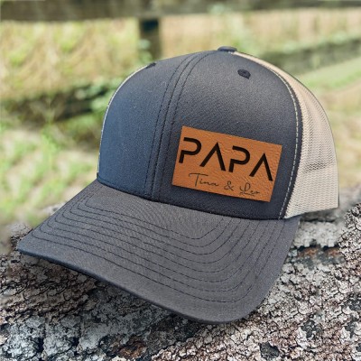 Custom Papa Leather Patch Hat With Kids Name For Papa Dad Father's Day Gift