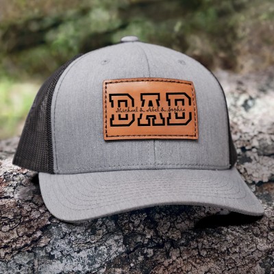 Custom DAD Leather Patch Cap With Kids Name For Father's Day Birthday Gift